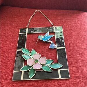 Stained Glass Hummingbird and Flower Panel Suncatcher